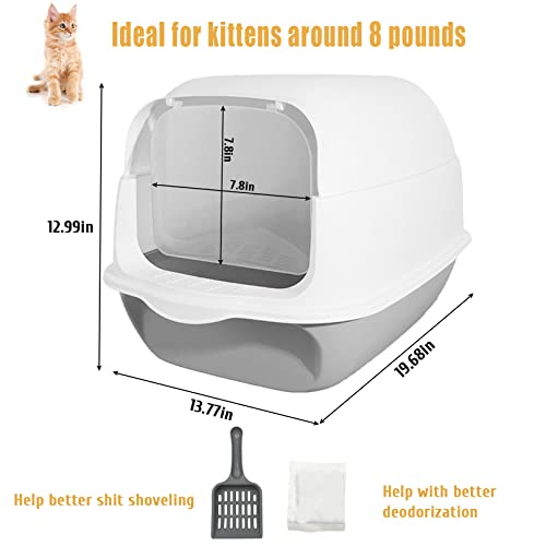 BNOSDM Cat Litter Box with Lid Plastic Cat Litter Boxes Enclosed Anti-Splshing Standard Kitten Toilet with Door and Pedal for Indoor Kitty(Grey Band Spoon)