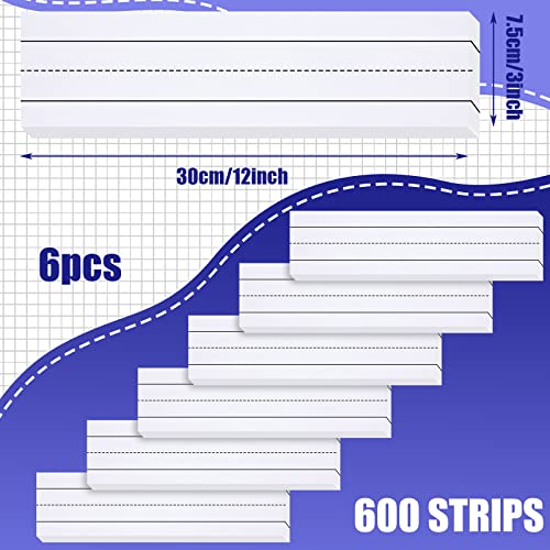 600 Sheets Sentence Strips Ruled for Teachers Name Writing Strips Adhesive Lined Word Strips Classroom Supplies Dry Erase Sentence Strips for School Office Supplies, 3 x 12 Inch, 6 Pack (White)