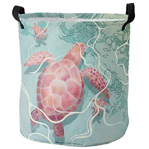 JEONSWOD Sea Turtle Pattern Laundry Basket Bathroom Organizer Foldable Hamper Laundry for Dirty Clothing Storage Baskets (Color : Green, Size : 42x44cm)