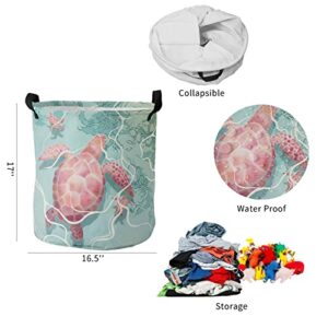 JEONSWOD Sea Turtle Pattern Laundry Basket Bathroom Organizer Foldable Hamper Laundry for Dirty Clothing Storage Baskets (Color : Green, Size : 42x44cm)