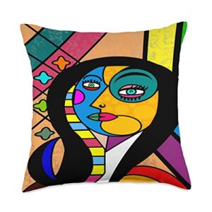 funky abstract mona lisa art face throw pillow, 18x18, multicolor
