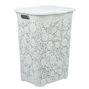laundry hamper basket with lid, plastic hamper white smoke tall cloths hamper basket organizer with cut-out handles- space saving for laundry room, bedroom, bathroom-lace design, 50 liter