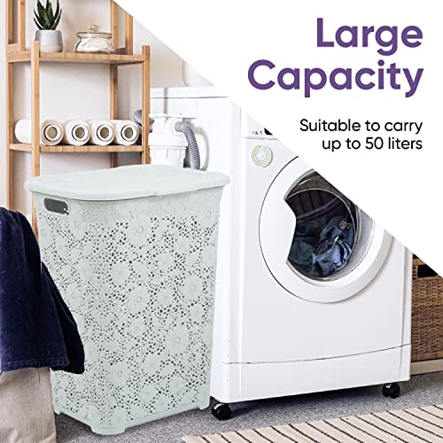 Laundry Hamper Basket With Lid, Plastic Hamper White Smoke Tall Cloths Hamper Basket Organizer with Cut-out Handles- Space Saving for Laundry Room, Bedroom, Bathroom-Lace Design, 50 Liter