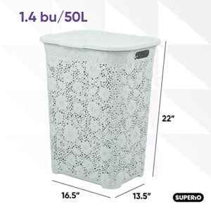 Laundry Hamper Basket With Lid, Plastic Hamper White Smoke Tall Cloths Hamper Basket Organizer with Cut-out Handles- Space Saving for Laundry Room, Bedroom, Bathroom-Lace Design, 50 Liter