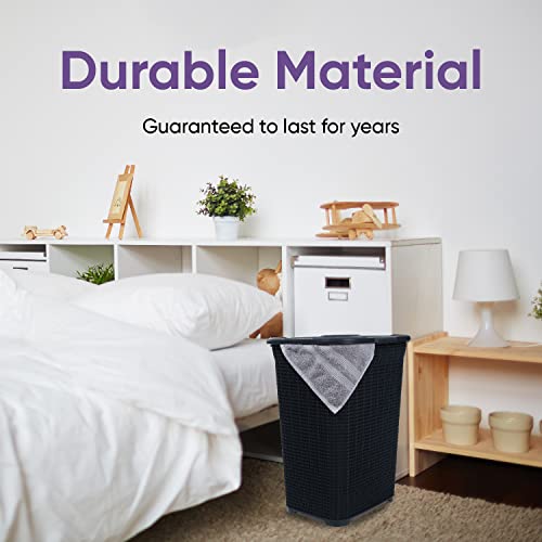 Plastic Laundry Hamper with Lid, Knit Designed Laundry Hamper Basket, 50 Liter White Smoke Cloths Hamper Organizer with Cut-out Handles. Space Saving for Laundry Room Bedroom Bathroom.