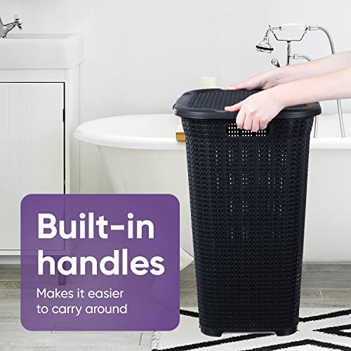 Plastic Laundry Hamper with Lid, Knit Designed Laundry Hamper Basket, 50 Liter White Smoke Cloths Hamper Organizer with Cut-out Handles. Space Saving for Laundry Room Bedroom Bathroom.