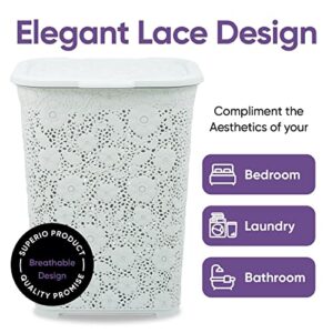 Laundry Hampers with Lid Lace Design 50 Liter (2 Pack) Soft Grey Laundry Hamper Basket with Cutout Handles, Rectangular Shape Modern Style Bin -Dirty Cloths Storage (White Smoke)