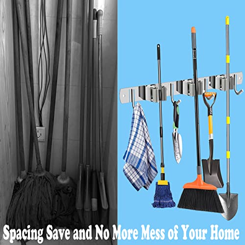 2 Pack Broom Holder Wall Mount, Stainless Steel Tool Organizer, Mop Broom Storage, Utility Racks with Self Adhesive and Screw for Home, Garden, Garage, Laundry Room (3 Racks 4 Hooks)