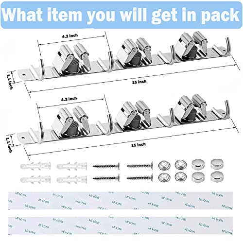 2 Pack Broom Holder Wall Mount, Stainless Steel Tool Organizer, Mop Broom Storage, Utility Racks with Self Adhesive and Screw for Home, Garden, Garage, Laundry Room (3 Racks 4 Hooks)