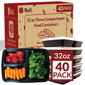 reli. meal prep containers, 32 oz. | 40 pack | 3 compartment food container w/lids| microwavable food storage containers/to go | black reusable bento box/lunch box containers for food/meal prep