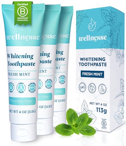 Wellnesse Whitening Toothpaste - Teeth Whitening Fluoride Free Natural Toothpaste - Fresh Mint - 3 Tubes, 4 oz - Made with Hydroxyapatite Powder, Green Tea Powder, and Aloe Vera