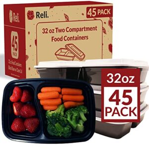 reli. meal prep containers, 32 oz. | 45 pack | 2 compartment food container w/lids | microwavable food storage containers/to go | black reusable bento box/lunch box containers for food/meal prep