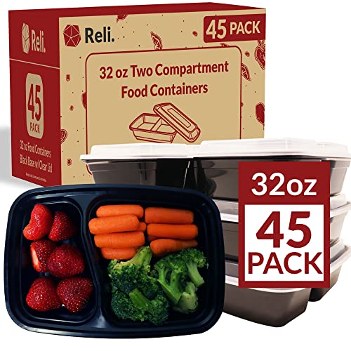 Reli. Meal Prep Containers, 32 oz. | 45 Pack | 2 Compartment Food Container w/Lids | Microwavable Food Storage Containers/To Go | Black Reusable Bento Box/Lunch Box Containers for Food/Meal Prep