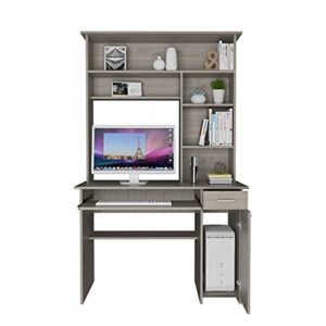 depot e-shop xalo 180 computer hutch desk with keyboard tray, door panel for cpu, 5 shelves, and drawer, light gray