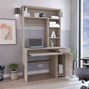 Depot E-Shop Xalo 180 Computer Hutch Desk with Keyboard Tray, Door Panel for CPU, 5 Shelves, and Drawer, Light Gray