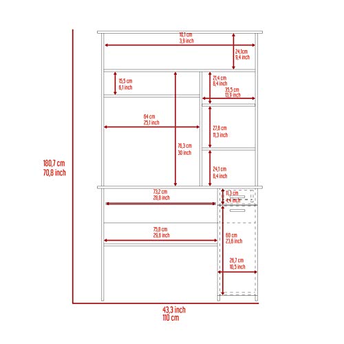 Depot E-Shop Xalo 180 Computer Hutch Desk with Keyboard Tray, Door Panel for CPU, 5 Shelves, and Drawer, Light Gray