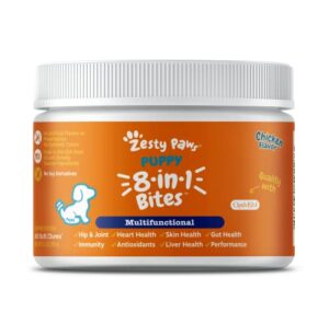 zesty paws puppy 8-in-1 multivitamin soft chews - glucosamine & chondroitin for hip & joint health - omega 3 fish oil for skin - gut, immune, heart, kidney & liver support for puppies - 90 count