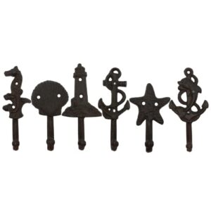 needzo cast iron nautical hanging hooks, six pack mounted wall accessories for bathroom towels, coats, robes, keys, and more, vary from 4.5 to 6 inches