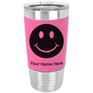 lasergram 20oz vacuum insulated tumbler mug, happy face, personalized engraving included (silicone grip, pink)