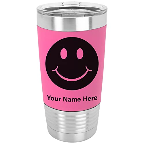 LaserGram 20oz Vacuum Insulated Tumbler Mug, Happy Face, Personalized Engraving Included (Silicone Grip, Pink)