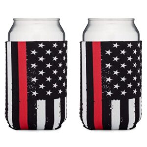thin red line collapsible beer can and bottle beverage cooler sleeves - 2 pack - standard size 12 oz - 3mm thick insulated neoprene - fireman firefighter