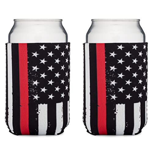 Thin Red Line Collapsible Beer Can and Bottle Beverage Cooler Sleeves - 2 Pack - Standard Size 12 oz - 3mm Thick Insulated Neoprene - Fireman Firefighter