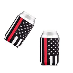 Thin Red Line Collapsible Beer Can and Bottle Beverage Cooler Sleeves - 2 Pack - Standard Size 12 oz - 3mm Thick Insulated Neoprene - Fireman Firefighter