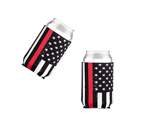 Thin Red Line Collapsible Beer Can and Bottle Beverage Cooler Sleeves - 2 Pack - Standard Size 12 oz - 3mm Thick Insulated Neoprene - Fireman Firefighter