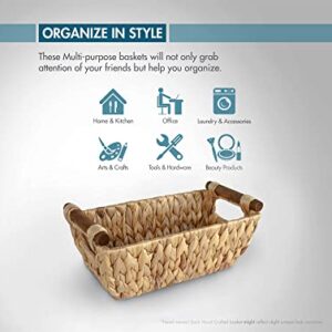 ADO Basics Water Hyacinth Hand Woven Basket with Stain Resistant Polished Wooden Handles, Storage Wicker Baskets 12" Length, 6.29" Width, 4.25 Height, Set of 2