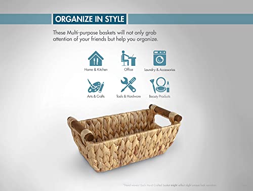 ADO Basics Water Hyacinth Hand Woven Basket with Stain Resistant Polished Wooden Handles, Storage Wicker Baskets 12" Length, 6.29" Width, 4.25 Height, Set of 2