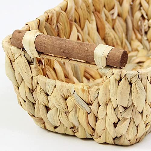 ADO Basics Water Hyacinth Hand Woven Basket with Stain Resistant Polished Wooden Handles, Storage Wicker Baskets 12" Length, 6.29" Width, 4.25 Height, Set of 2