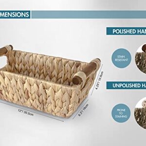 ADO Basics Water Hyacinth Hand Woven Basket with Stain Resistant Polished Wooden Handles, Storage Wicker Baskets 12" Length, 6.29" Width, 4.25 Height, Set of 2