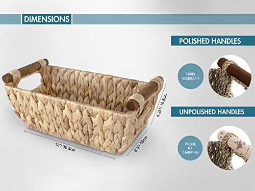 ADO Basics Water Hyacinth Hand Woven Basket with Stain Resistant Polished Wooden Handles, Storage Wicker Baskets 12" Length, 6.29" Width, 4.25 Height, Set of 2