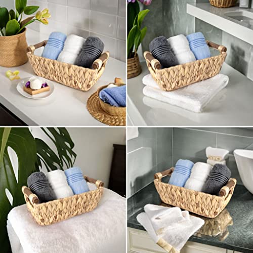 ADO Basics Water Hyacinth Hand Woven Basket with Stain Resistant Polished Wooden Handles, Storage Wicker Baskets 12" Length, 6.29" Width, 4.25 Height, Set of 2