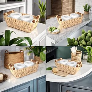 ADO Basics Water Hyacinth Hand Woven Basket with Stain Resistant Polished Wooden Handles, Storage Wicker Baskets 12" Length, 6.29" Width, 4.25 Height, Set of 2