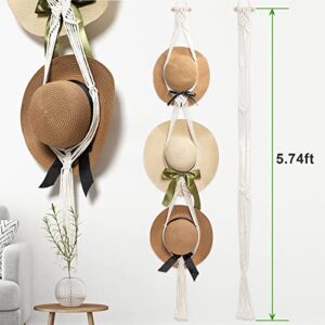 COCHIE 2 Pack Hat Rack Boho Handmade Hat Hangers Adjustable for Wall Decoration, Hat Organizer Holds 6 Different sized Hats Display for Women Men（Beige,5.74 Ft）