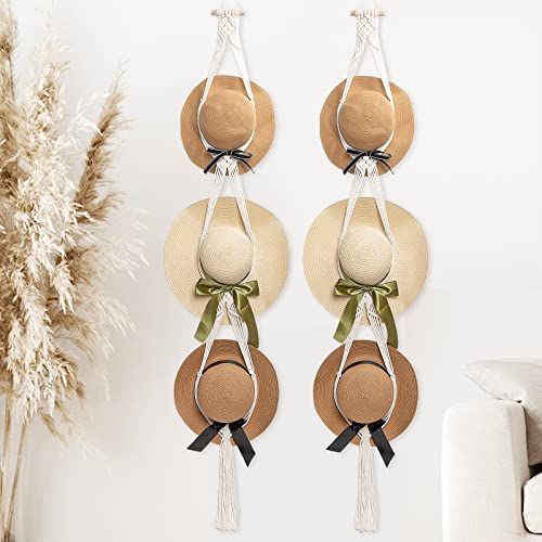 COCHIE 2 Pack Hat Rack Boho Handmade Hat Hangers Adjustable for Wall Decoration, Hat Organizer Holds 6 Different sized Hats Display for Women Men（Beige,5.74 Ft）