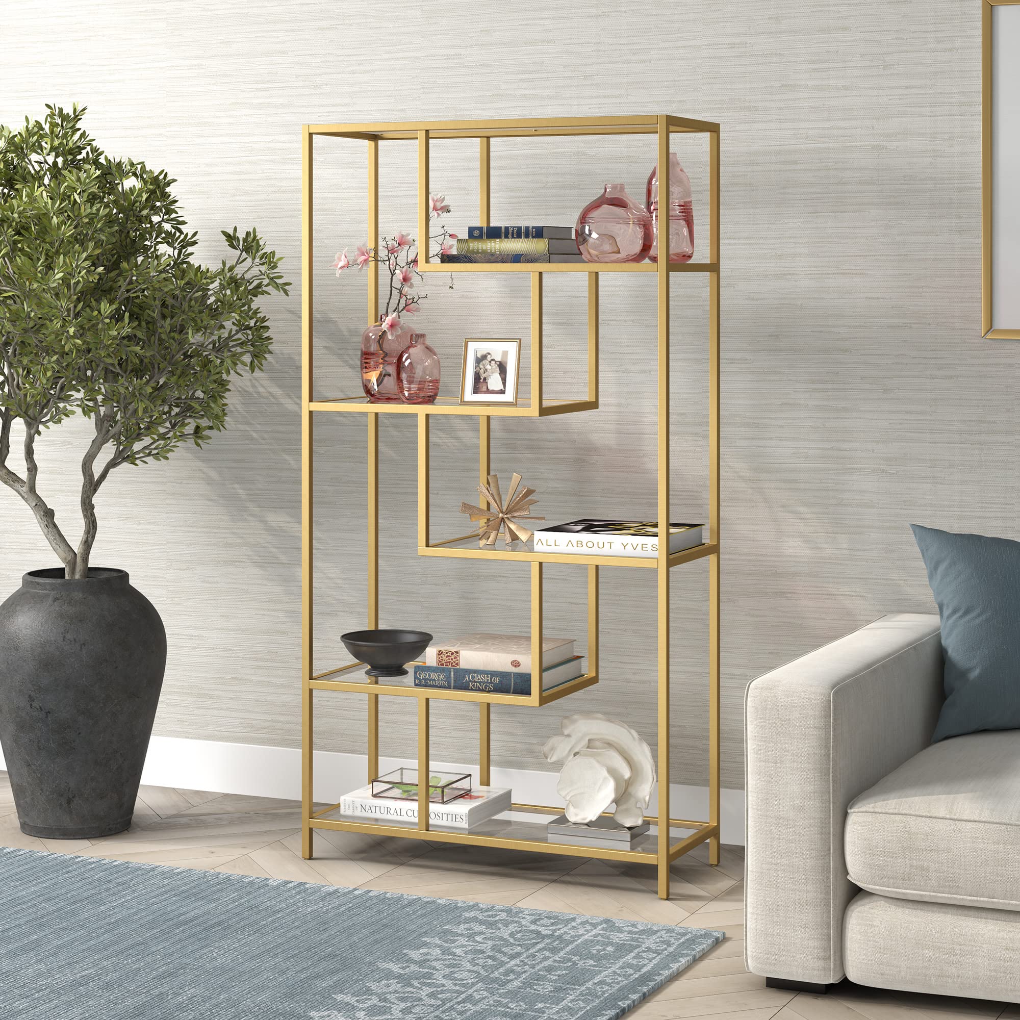 Isla 68'' Tall Rectangular Bookcase in Gold