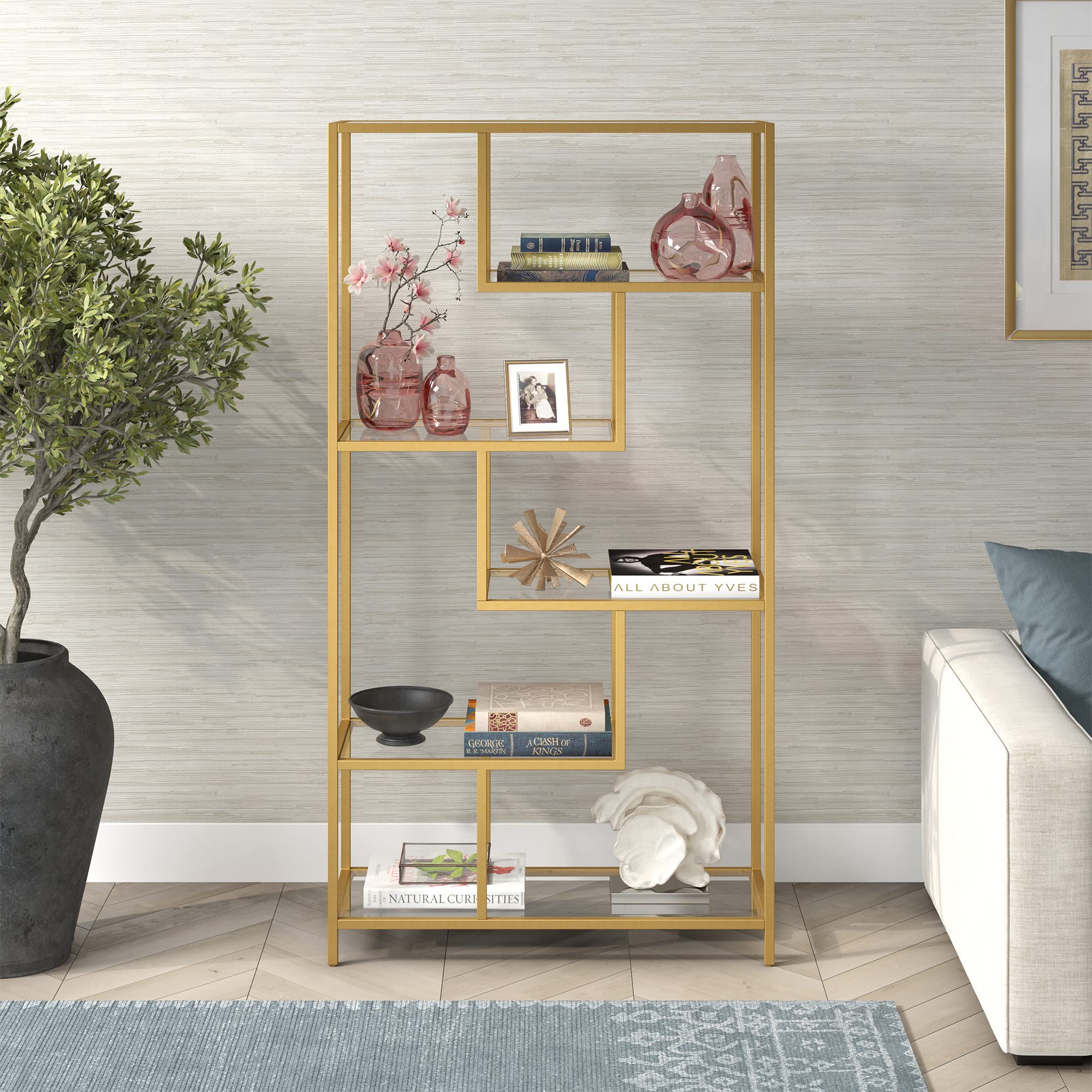 Isla 68'' Tall Rectangular Bookcase in Gold