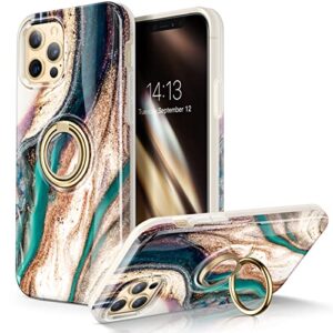 gviewin for iphone 12 pro max case 6.7 inch, built-in 360° rotate ring stand, stylish durable marble pattern shockproof kickstand phone holder protective case cover (drift sand/brown)