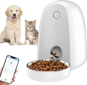 dogness app wi-fi control automatic cat feeders, dry food dispenser for small cat dog pet, timed cat feeder, microchip pet feeder up to 15 portion 6 meals per day, 10s voice recorder, white