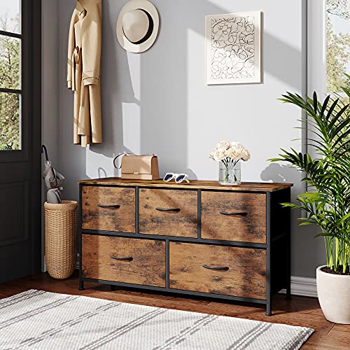 WLIVE 5 Drawer Dresser & C Side Table Set, Rustic Brown