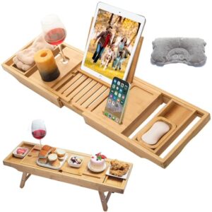 bamboo bathtub, bed, laptop tray with foldable legs adjustable bath caddy - wine glass and ipad holder - soap tray & bath pillow included.