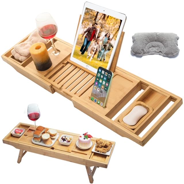 Bamboo Bathtub, Bed, Laptop Tray with Foldable Legs Adjustable Bath Caddy - Wine Glass and iPad Holder - Soap Tray & Bath Pillow Included.