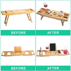 Bamboo Bathtub, Bed, Laptop Tray with Foldable Legs Adjustable Bath Caddy - Wine Glass and iPad Holder - Soap Tray & Bath Pillow Included.