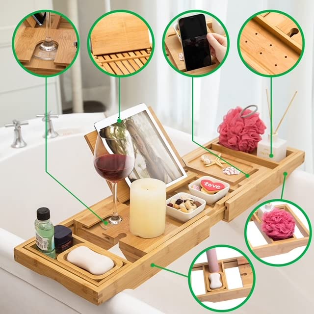 Bamboo Bathtub, Bed, Laptop Tray with Foldable Legs Adjustable Bath Caddy - Wine Glass and iPad Holder - Soap Tray & Bath Pillow Included.