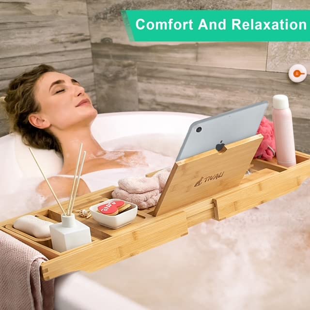 Bamboo Bathtub, Bed, Laptop Tray with Foldable Legs Adjustable Bath Caddy - Wine Glass and iPad Holder - Soap Tray & Bath Pillow Included.