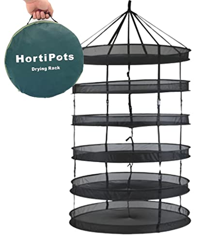 HORTIPOTS Herb Drying Rack 360 Degree Access 3 Feet Clip Adjustable Center Support Straps NO Sagging Fine Mesh Netting (Heavy Duty Clips 3FT)