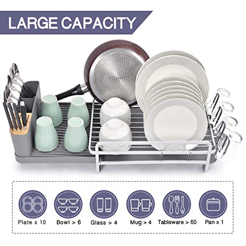 TOOLF Dish Rack and Drainboard Set, Extend Large Dish Drying Rack with Swivel Spout for Kitchen Counter or Sink, Expandable Dish Drainer Rack with Utensil Holder and Cup Holder (Expandable)