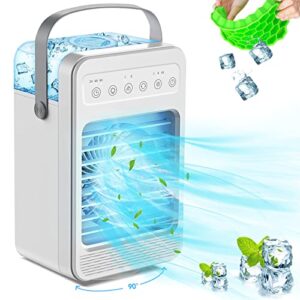 portable air conditioner, 90° oscillating evaporative personal air cooler humidifier with 4 wind speeds, timer & led light, usb quiet fast cooling fan for home, office, bedroom, car, camping - white